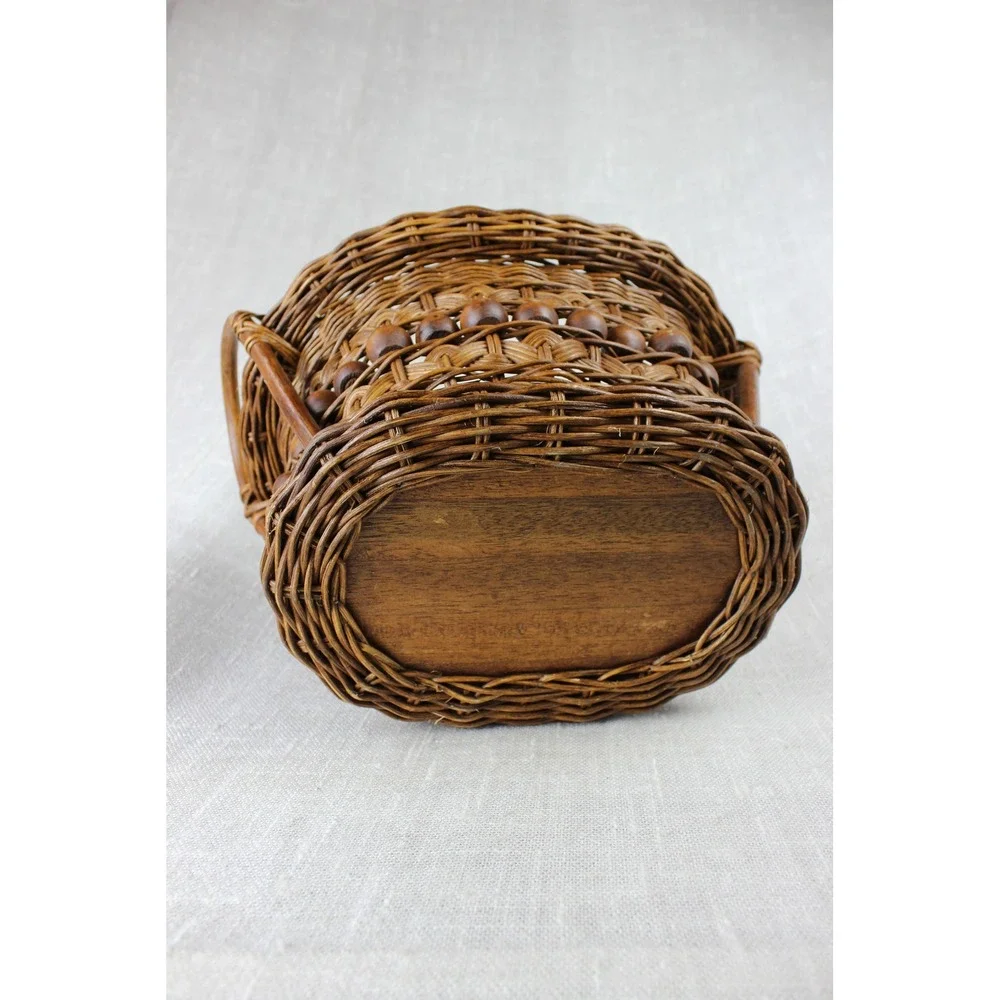 Vintage Woven Stick & Ball Wicker Basket Rustic Farmhouse Cottagecore Boho